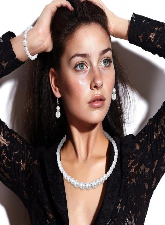 Lnngub 3 Pcs Pearl Necklace and Earring Bracelet Set,8mm Faux Pearl Jewelry Set for Women White Pearls Necklace for Women Best Gift for Birthday Valentine'S Day - Image 5